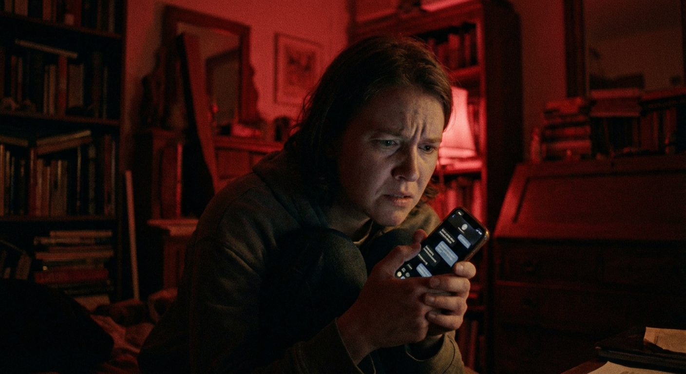 Person receiving threatening messages on phone in dark room