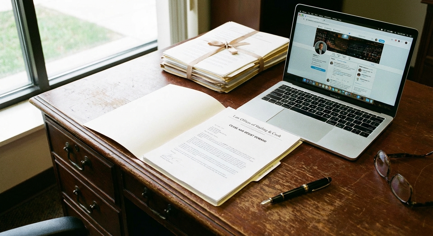 Cease and desist letter on desk next to laptop