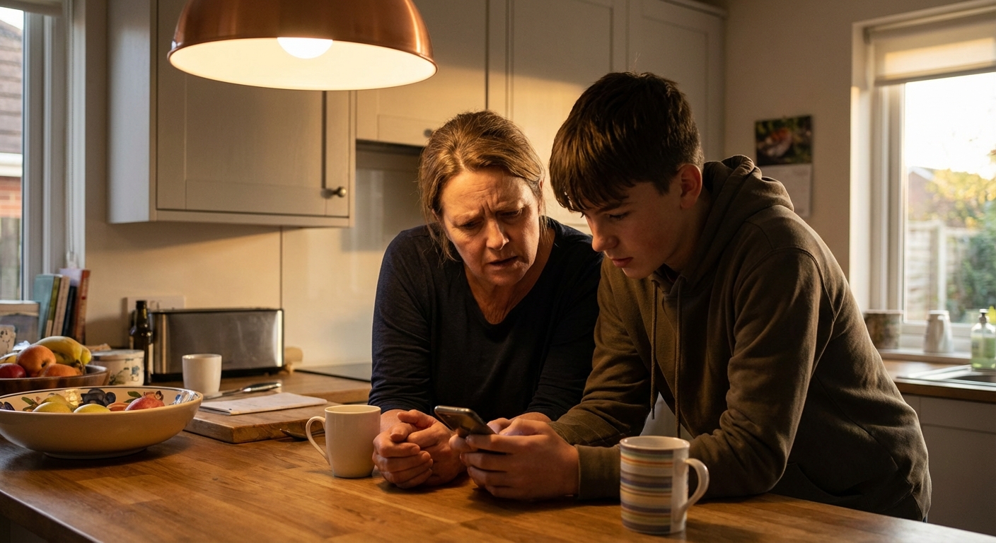 Concerned parent looking at teenager's phone