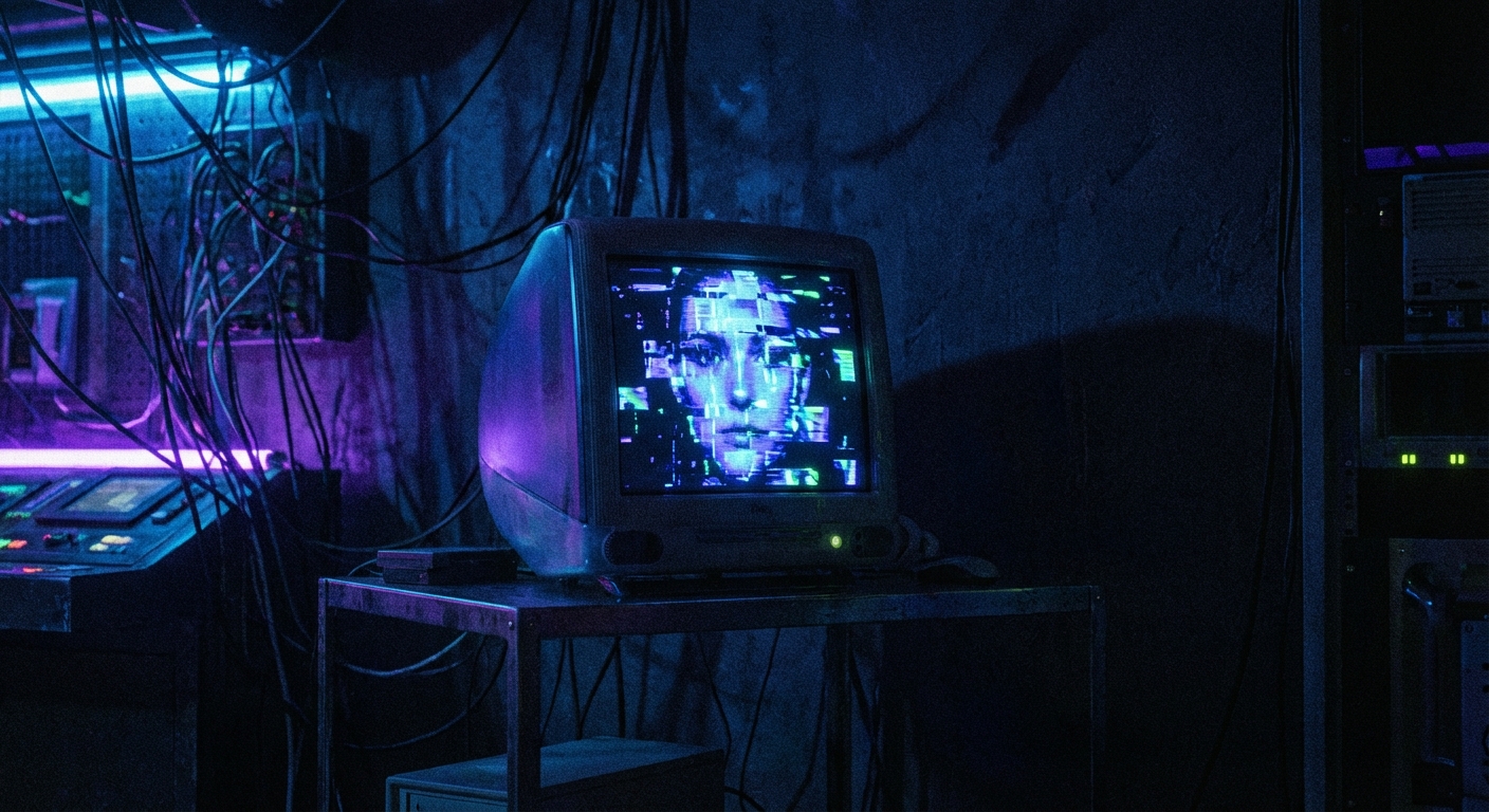Computer screen showing distorted AI face in dark room