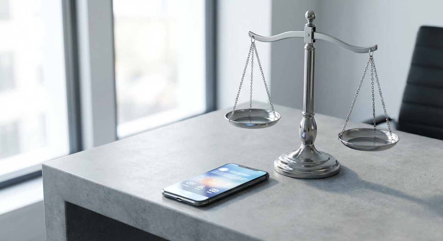 Scale of justice next to smartphone displaying social media
