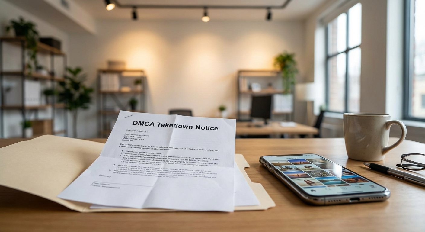 DMCA notice document on desk with smartphone
