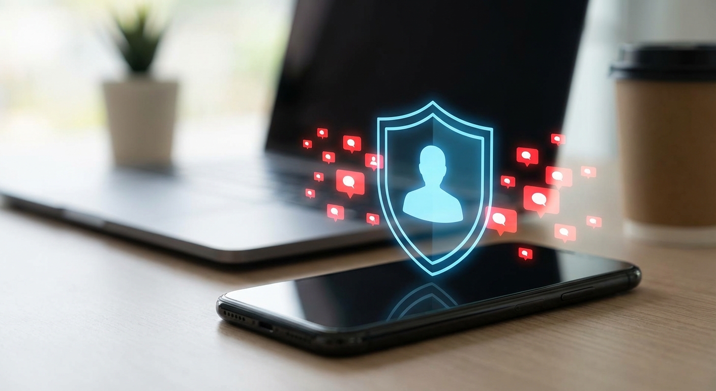 Shield icon protecting person from incoming notifications