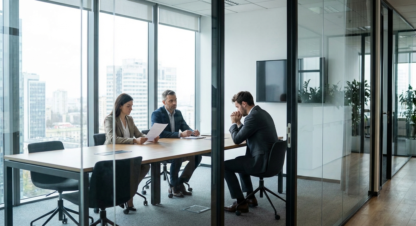 Job interview scene through glass office door