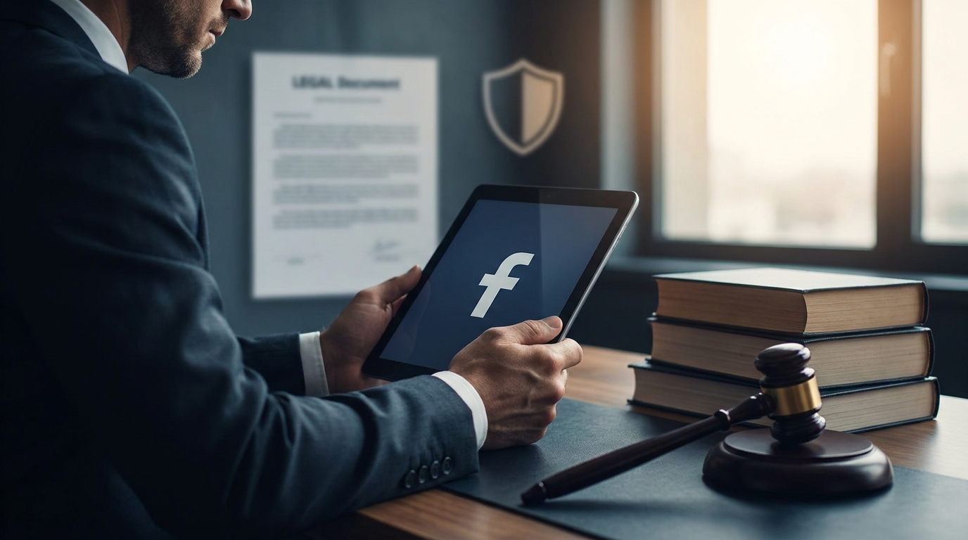 Legal scales with Facebook logo representing defamation law