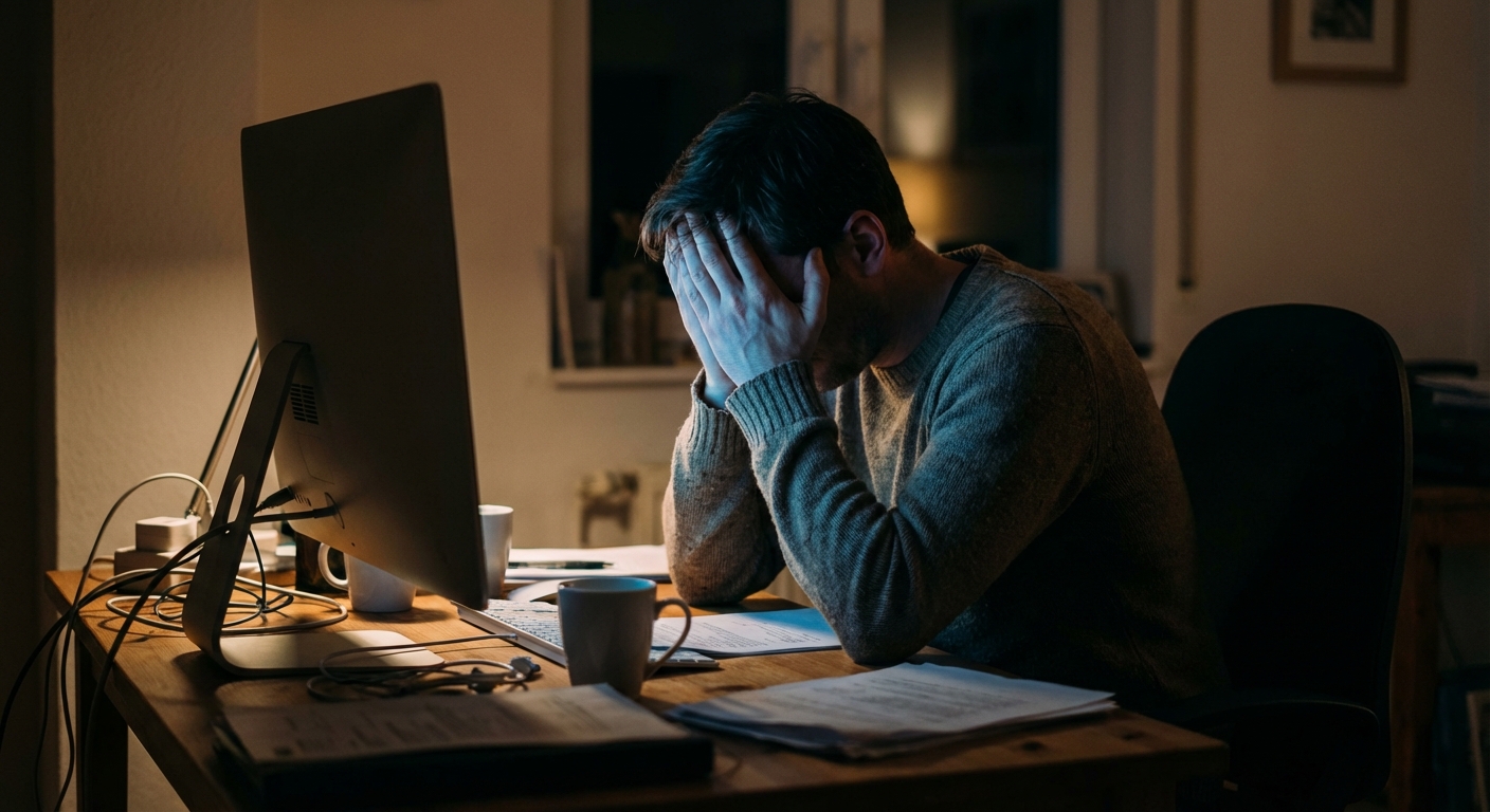 Person stressed at computer dealing with false online accusations