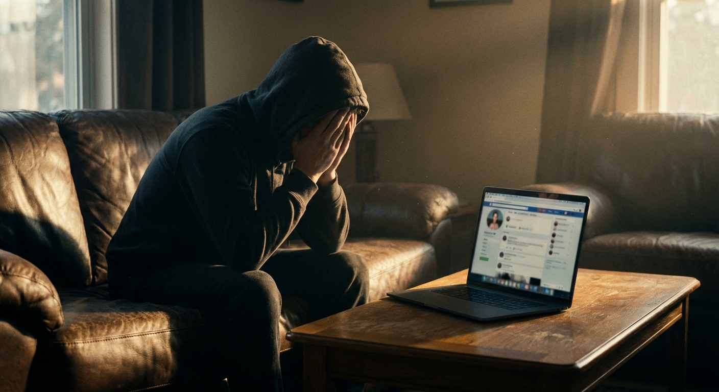 Person in distress with laptop showing social media