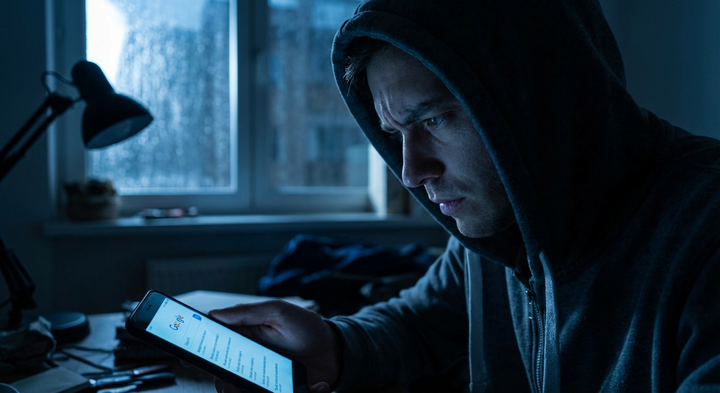 Person anxiously searching their name on smartphone