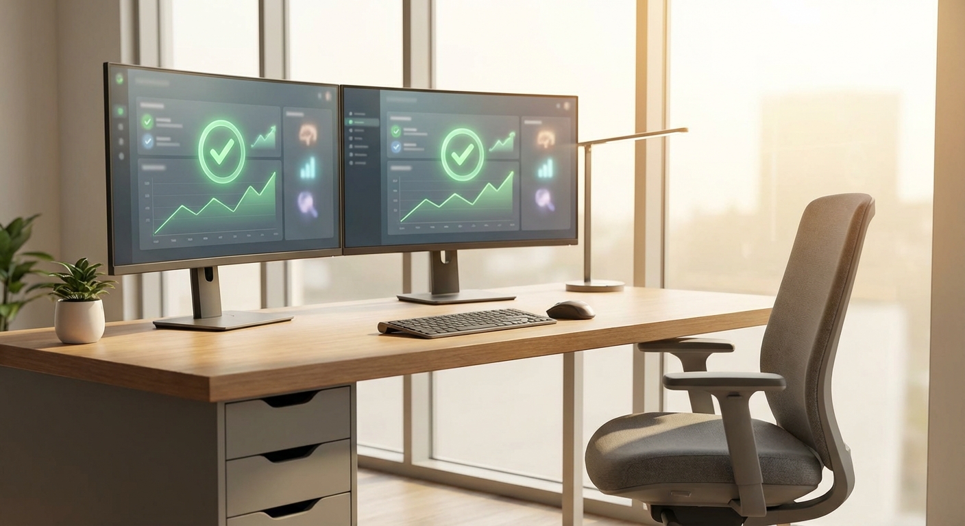 Modern workspace with monitors showing reputation dashboard