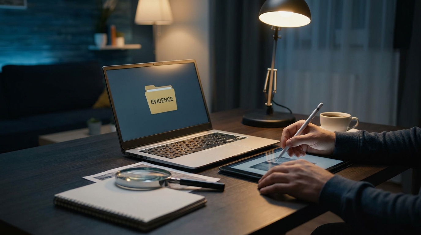 Person documenting online defamation evidence on computer
