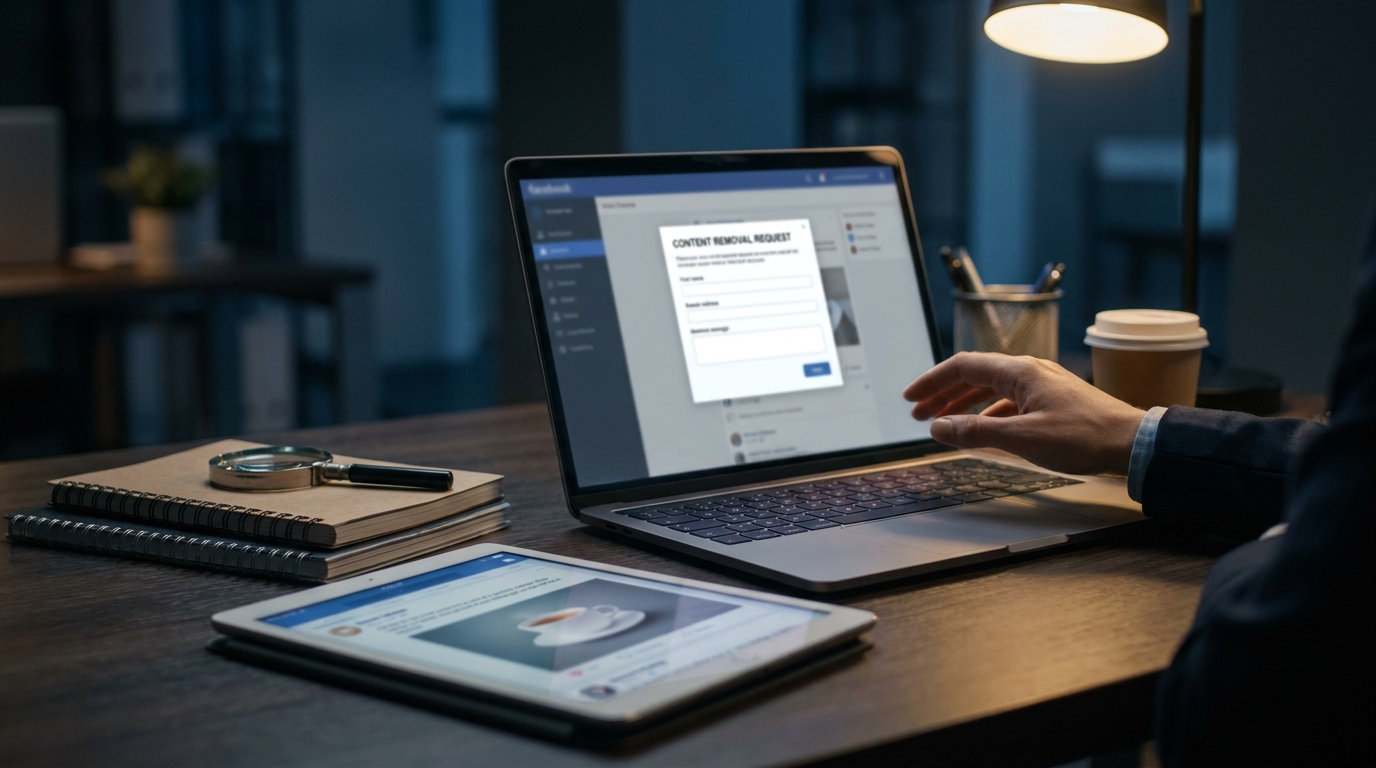 Person reviewing documents and digital content on laptop