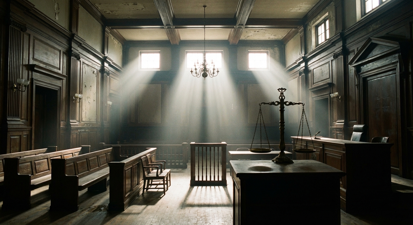 Empty courtroom with dramatic lighting