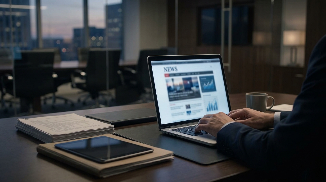 Newspaper and digital news on laptop showing the intersection of traditional and online journalism