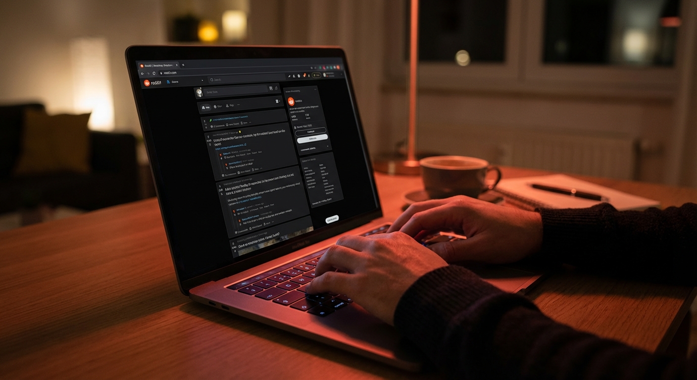 Laptop showing Reddit in a dark room