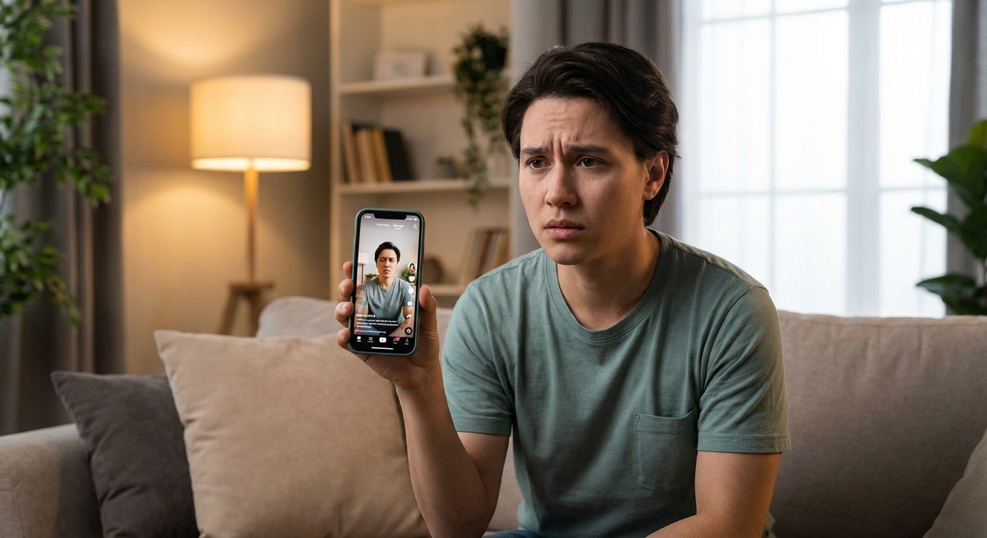 Person watching TikTok on phone with concerned expression