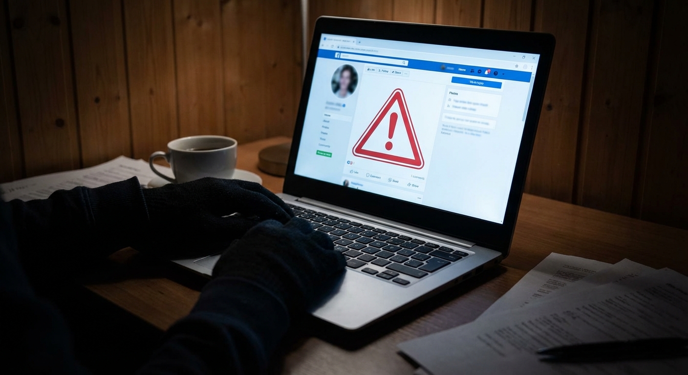 Laptop showing Facebook with person's hands on keyboard