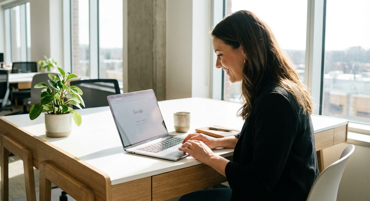 Person using Google on laptop in bright office