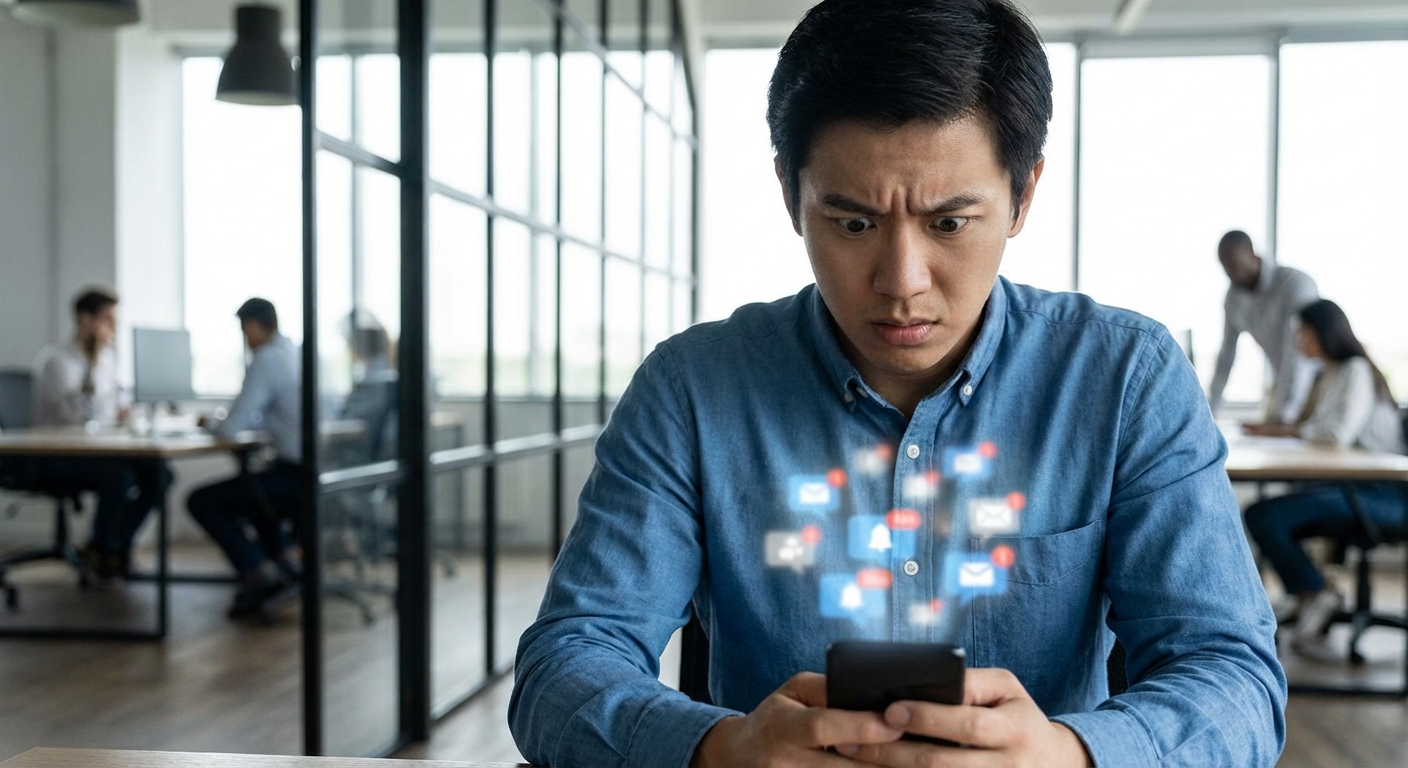 Person looking panicked at phone discovering a post about them