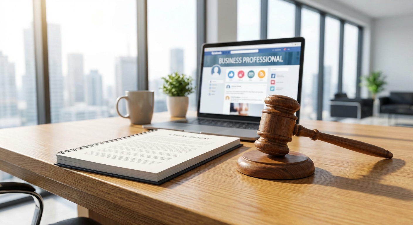 Legal document and gavel on desk with laptop showing social media
