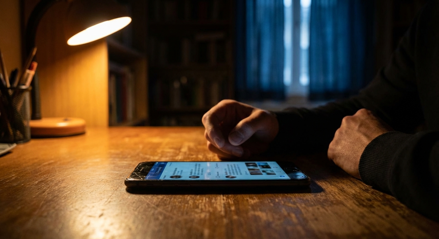 Smartphone showing social media app in dark moody lighting, representing Tea App's quiet platform changes