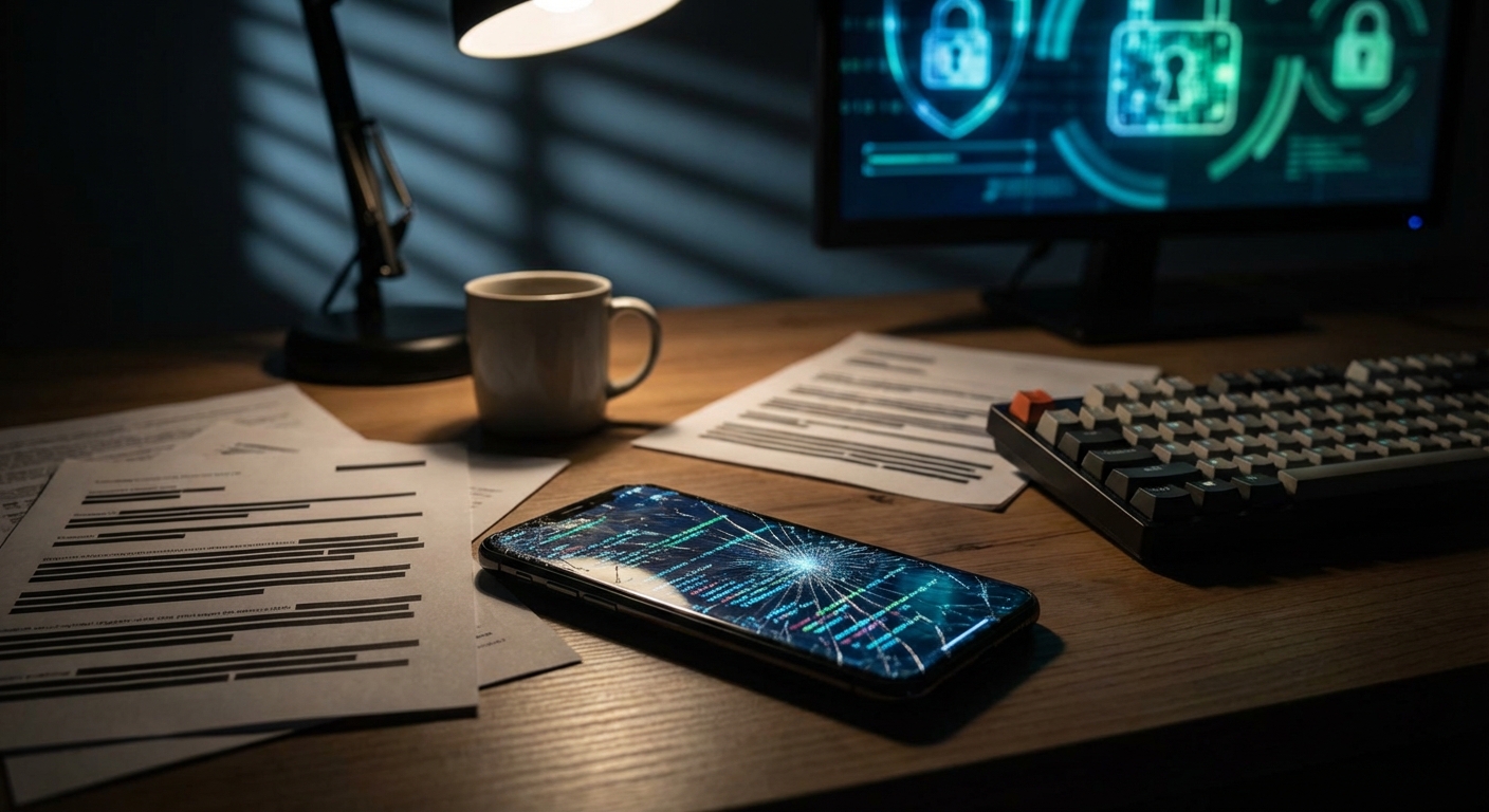 Data breach concept with cracked phone and documents