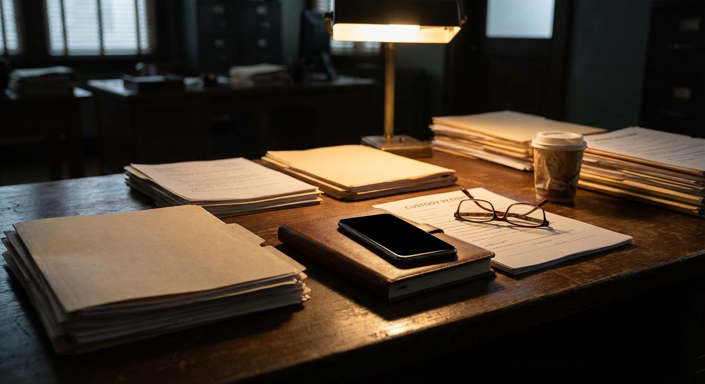 Family court documents and smartphone on desk