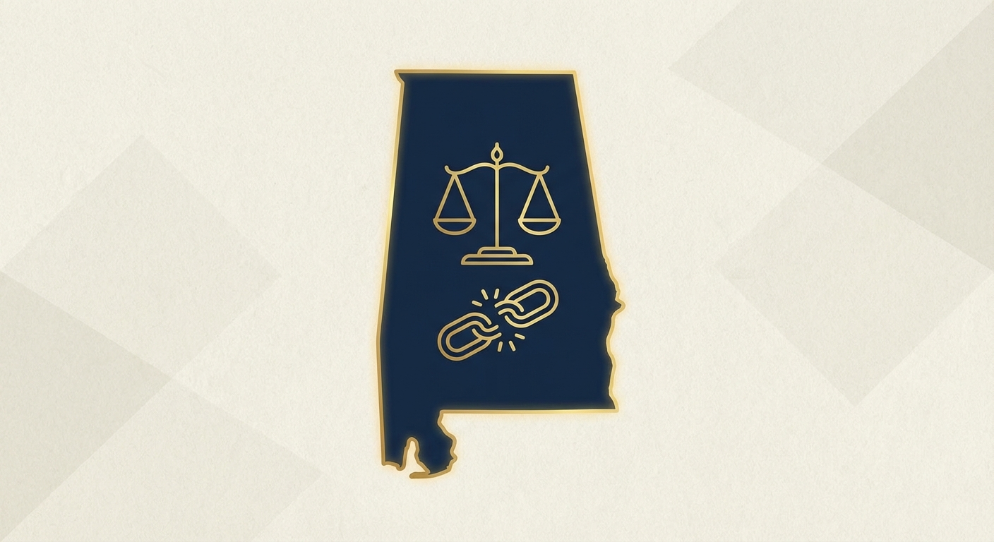 Alabama state outline with scales of justice representing AWDTSG post removal services
