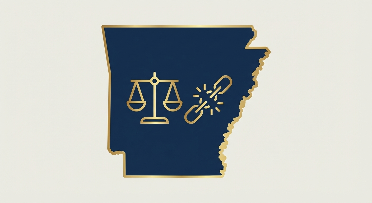 Arkansas state outline with scales of justice representing AWDTSG post removal services