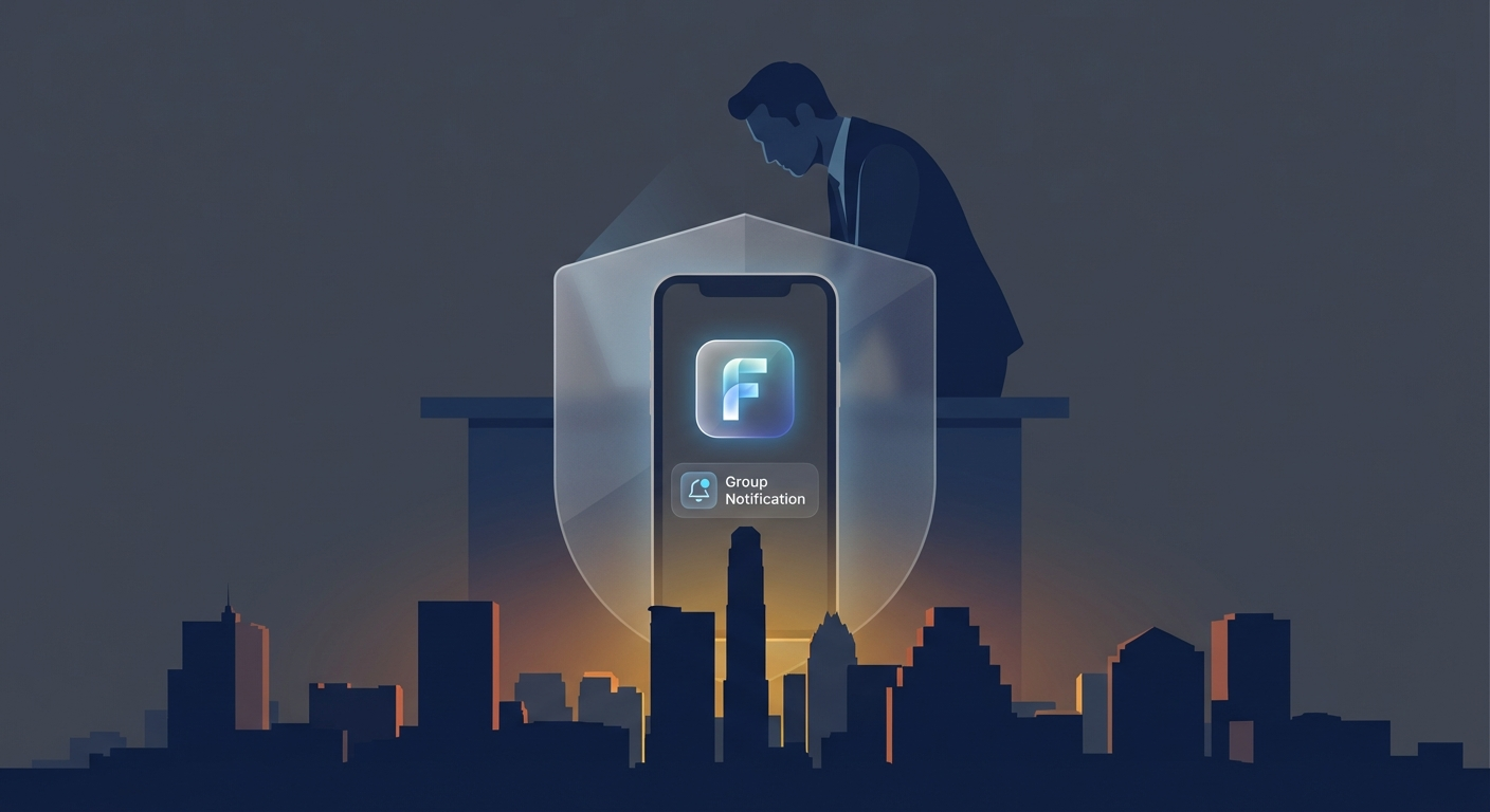 Austin skyline with phone screen showing AWDTSG Facebook group removal concept