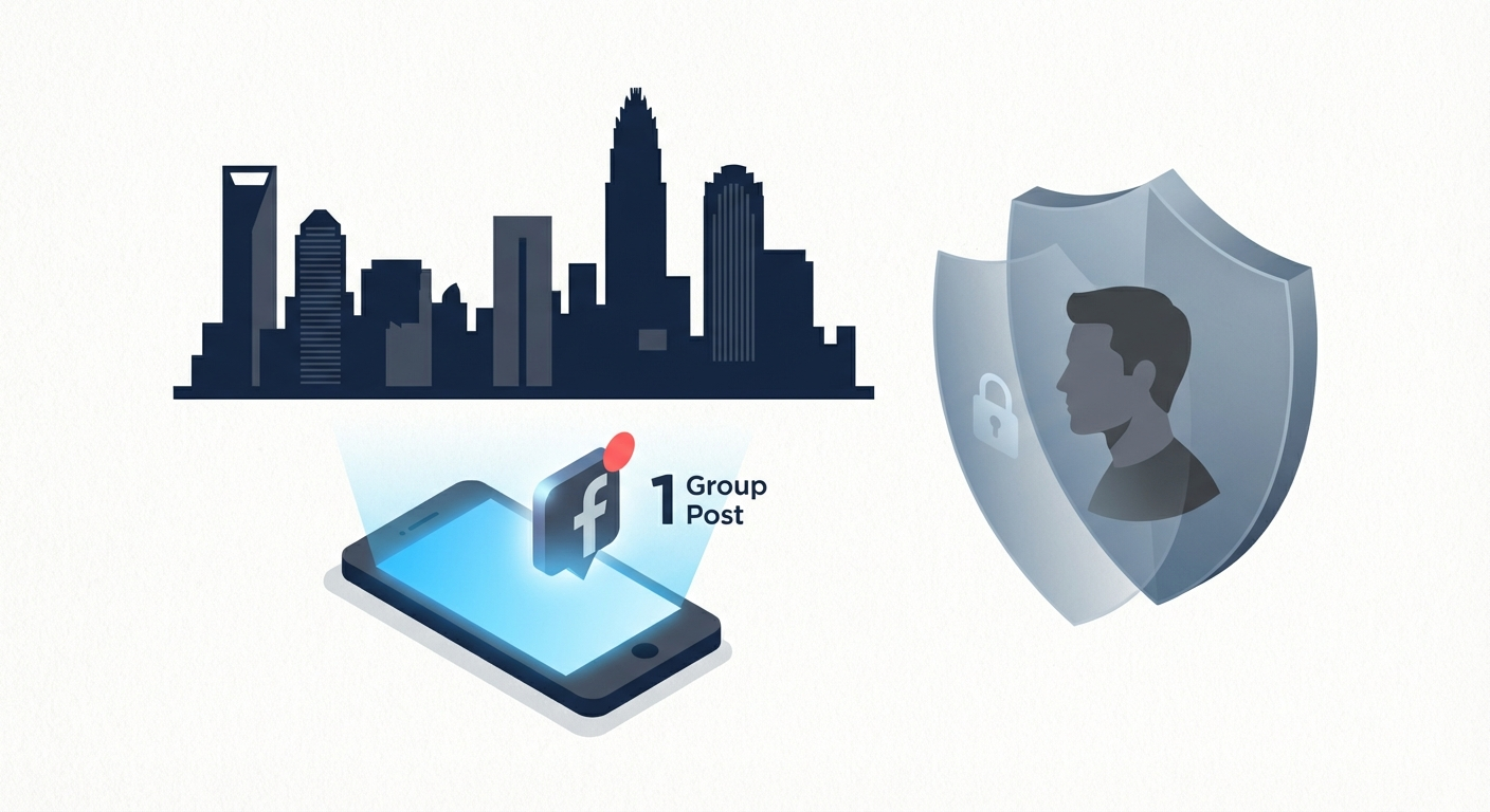 Charlotte skyline with phone screen showing AWDTSG Facebook group removal concept