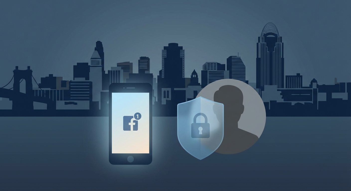 Cincinnati skyline with phone screen showing AWDTSG Facebook group removal concept