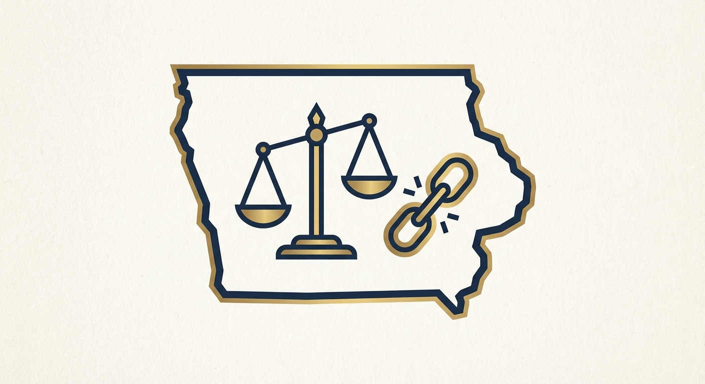 Iowa state outline with scales of justice representing AWDTSG post removal services