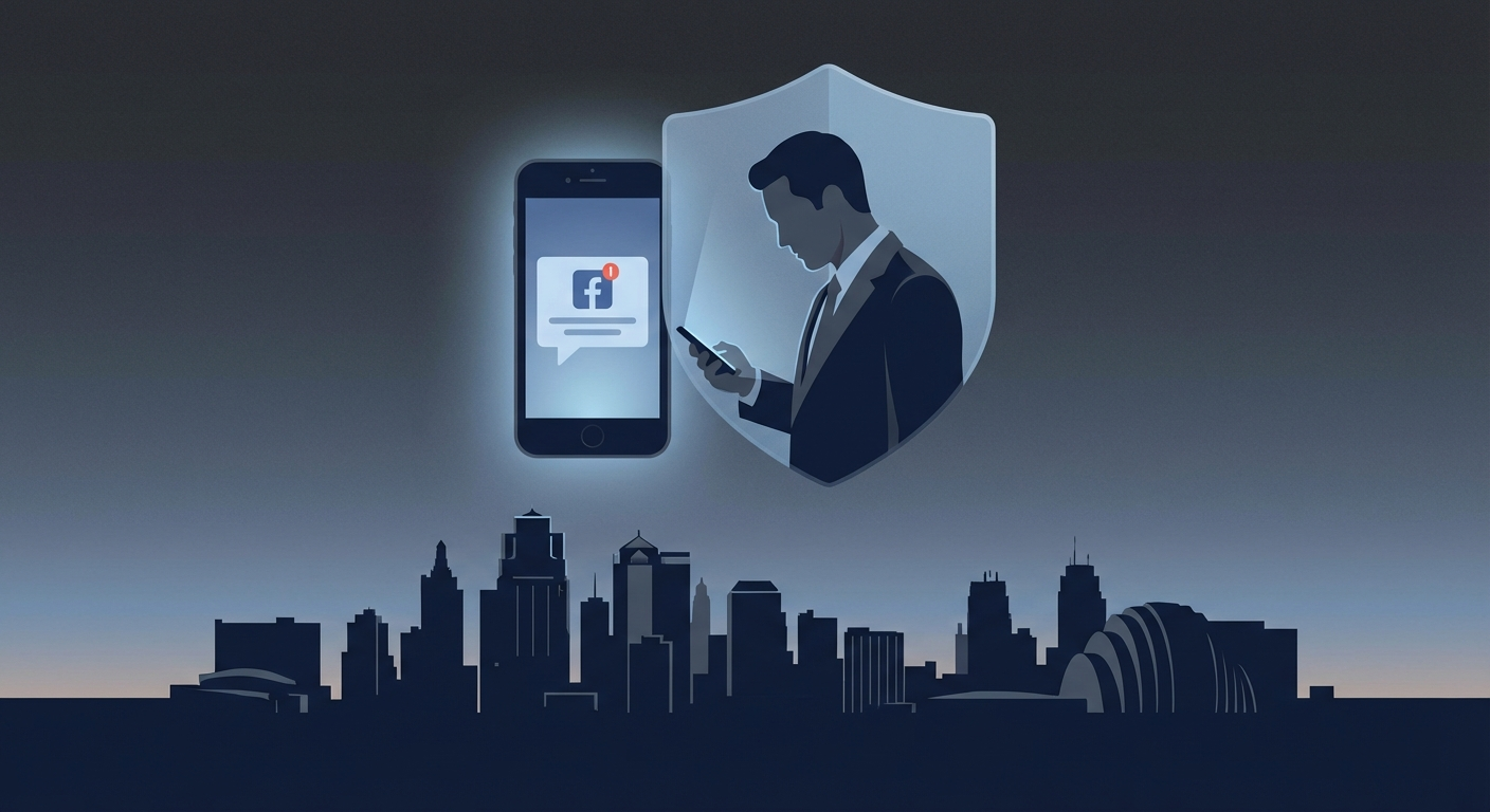 Kansas City skyline with phone screen showing AWDTSG Facebook group removal concept