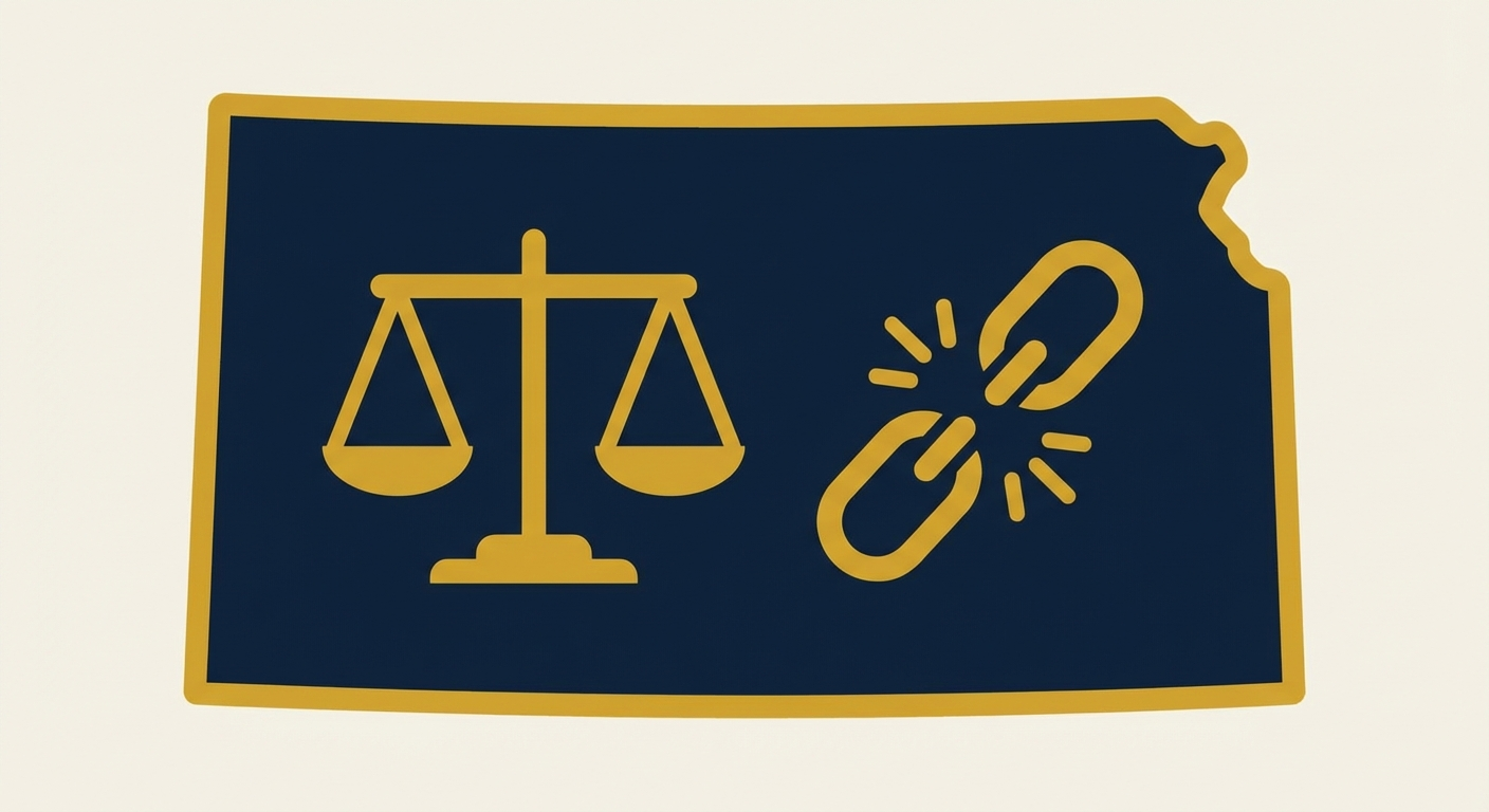 Kansas state outline with scales of justice representing AWDTSG post removal services