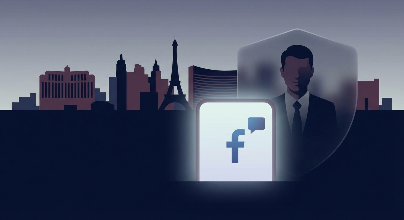 Las Vegas skyline with phone screen showing AWDTSG Facebook group removal concept