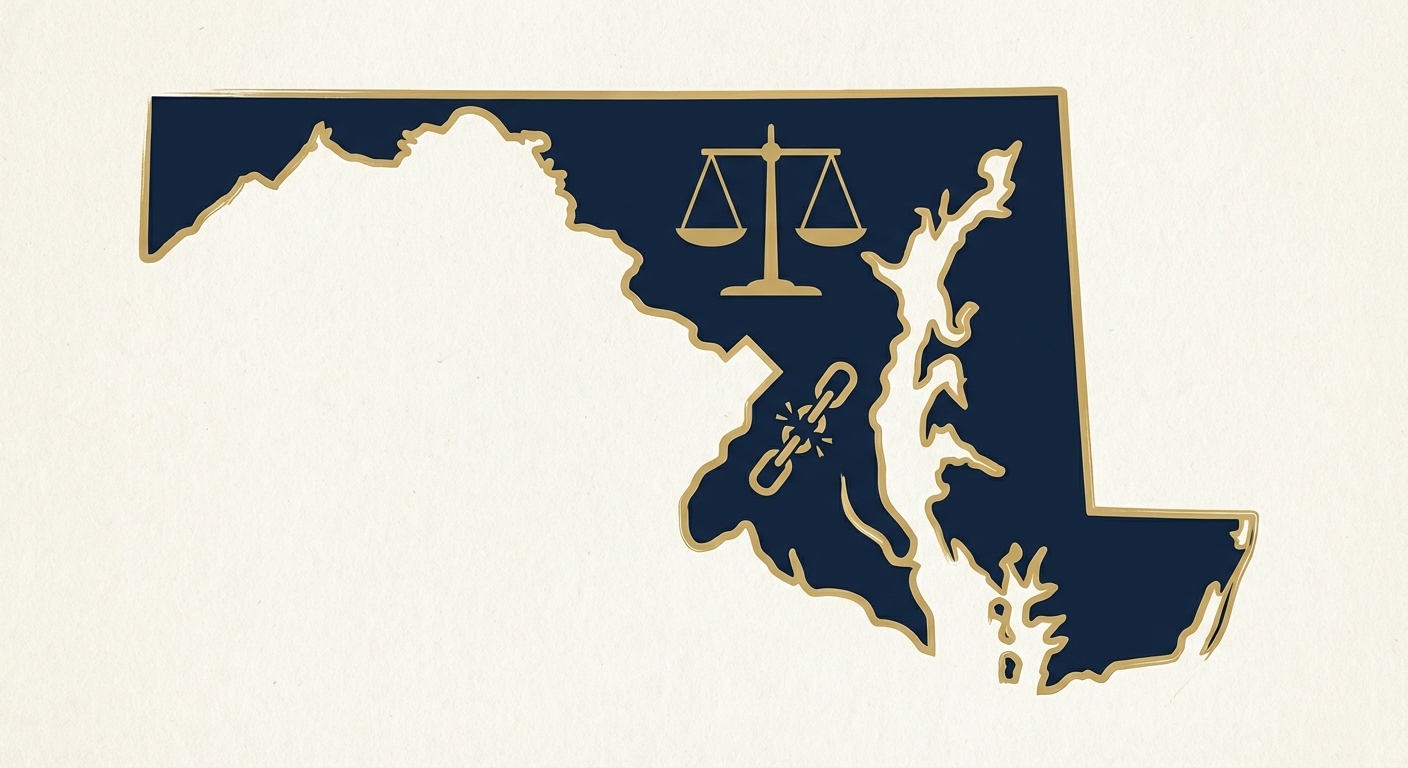Maryland state outline with scales of justice representing AWDTSG post removal services