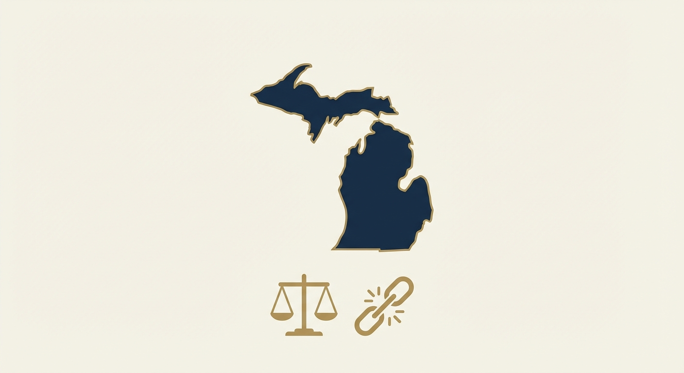 Michigan state outline with scales of justice representing AWDTSG post removal services