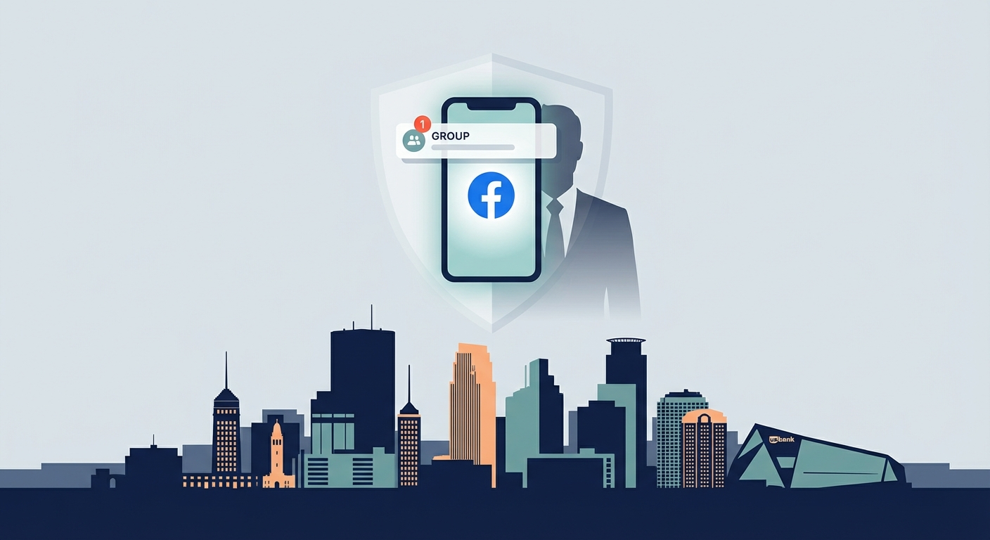 Minneapolis skyline with phone screen showing AWDTSG Facebook group removal concept