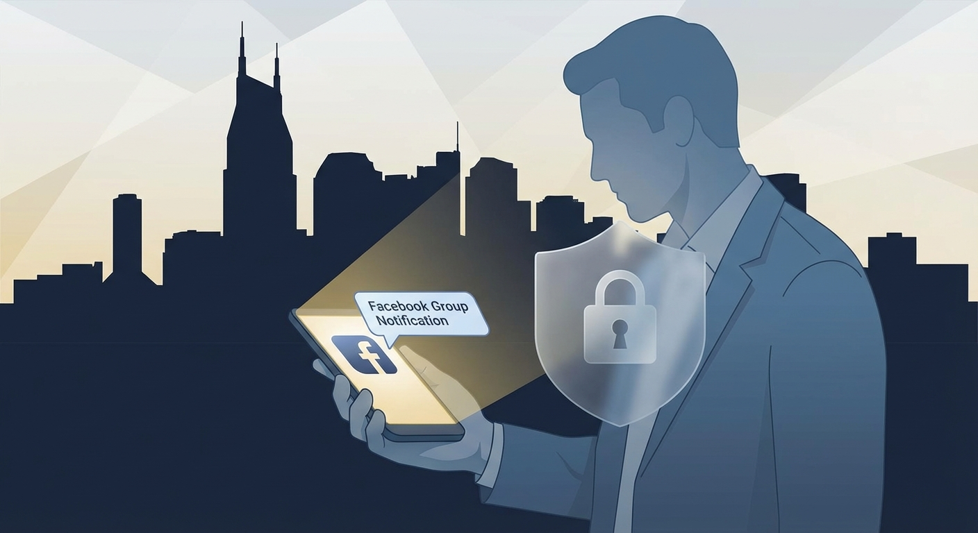 Nashville skyline with phone screen showing AWDTSG Facebook group removal concept