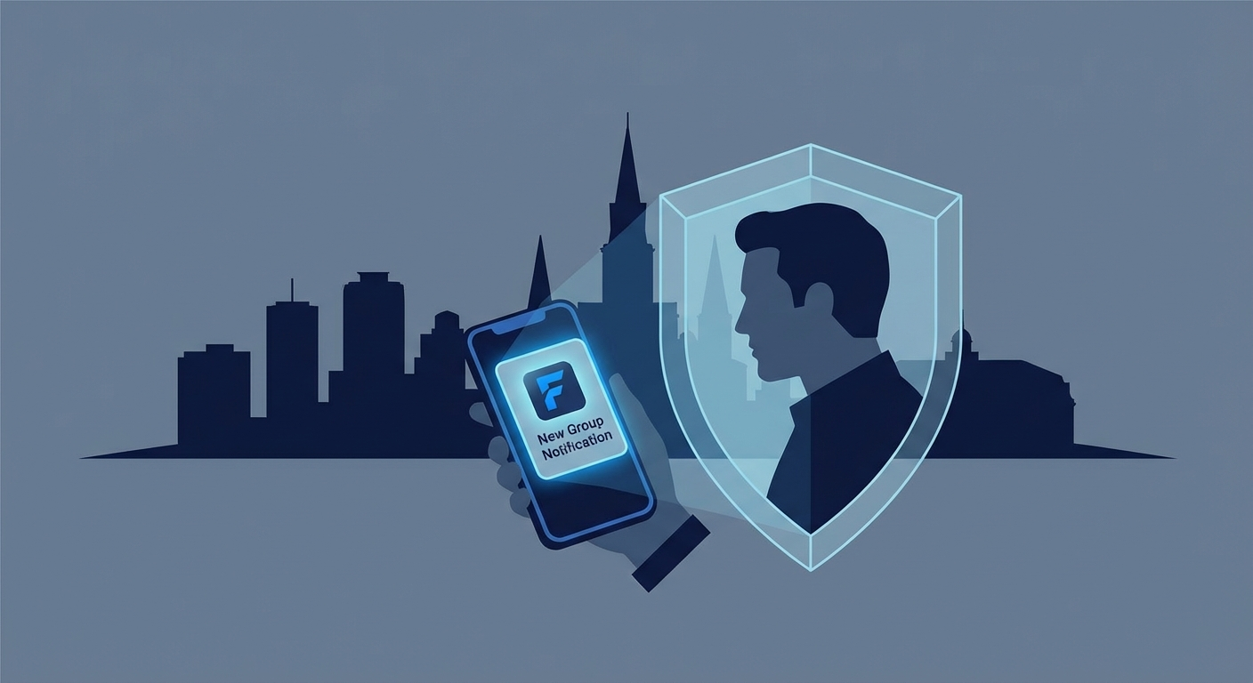 New Orleans skyline with phone screen showing AWDTSG Facebook group removal concept