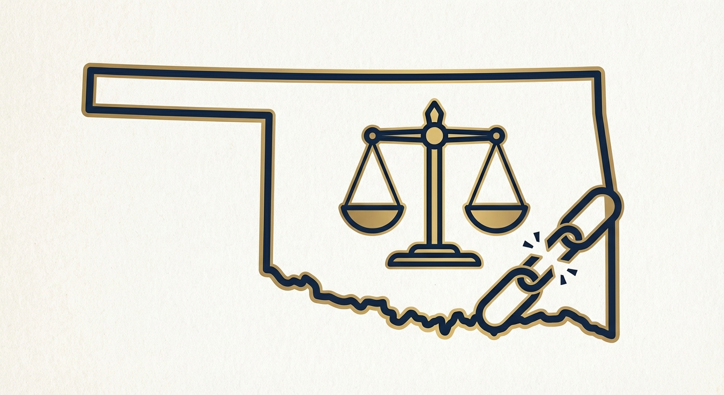 Oklahoma state outline with scales of justice representing AWDTSG post removal services