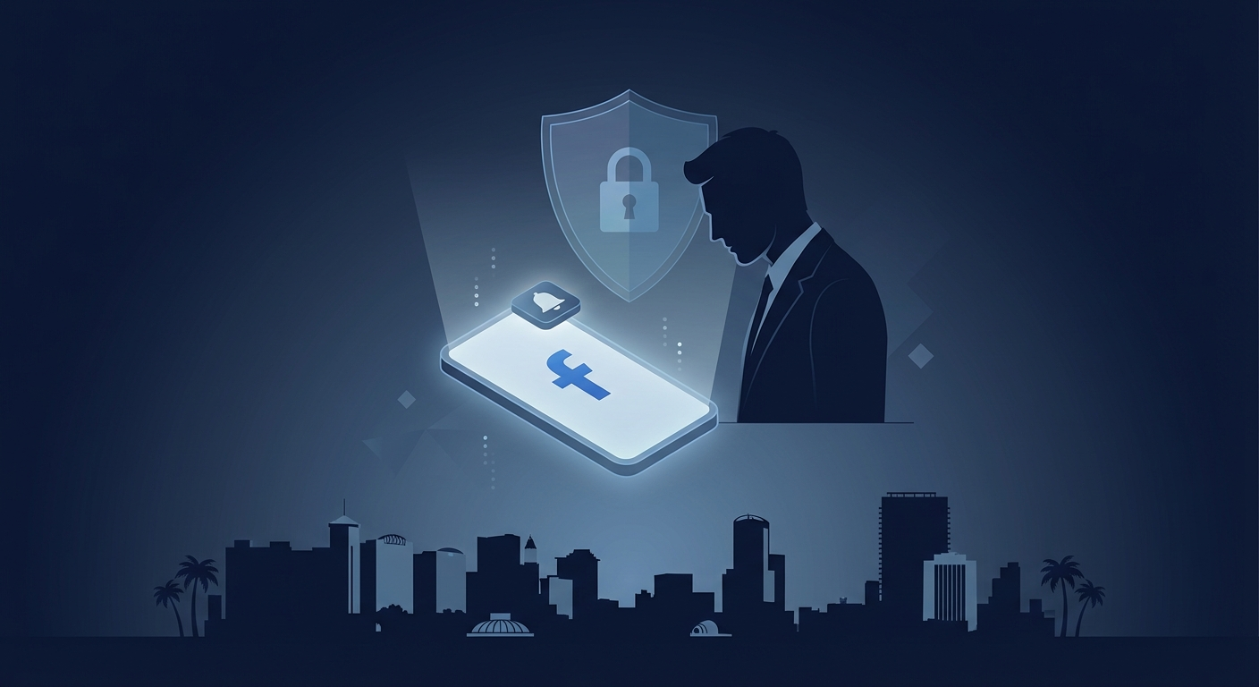 Orlando skyline with phone screen showing AWDTSG Facebook group removal concept