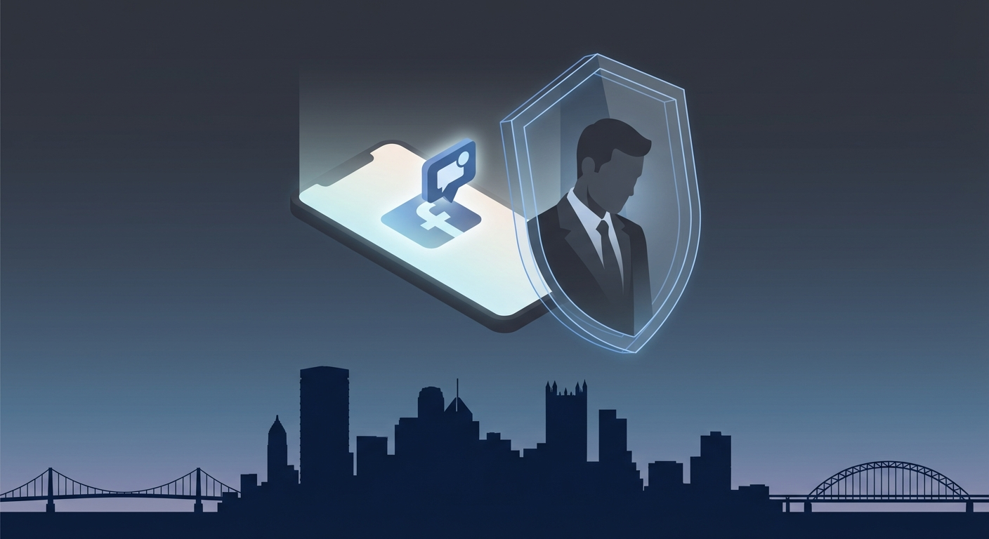 Pittsburgh skyline with phone screen showing AWDTSG Facebook group removal concept