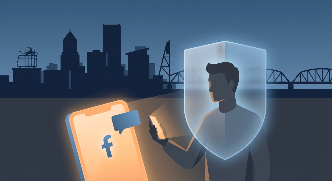 Portland skyline with phone screen showing AWDTSG Facebook group removal concept