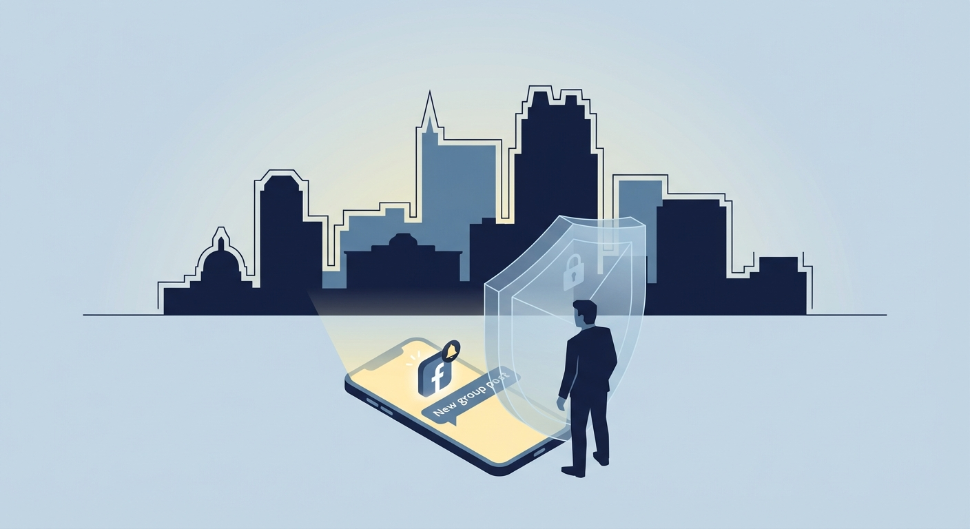 Raleigh skyline with phone screen showing AWDTSG Facebook group removal concept