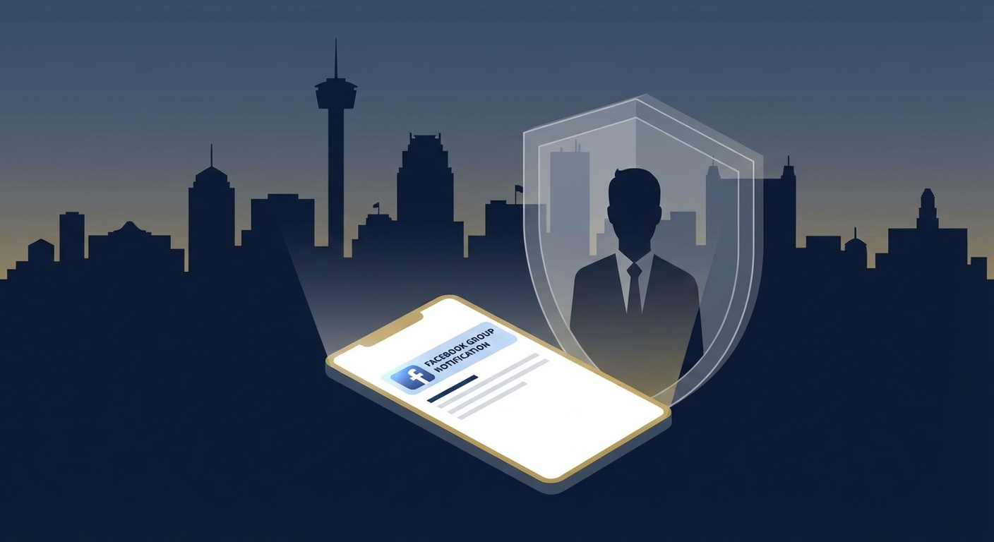 San Antonio skyline with phone screen showing AWDTSG Facebook group removal concept