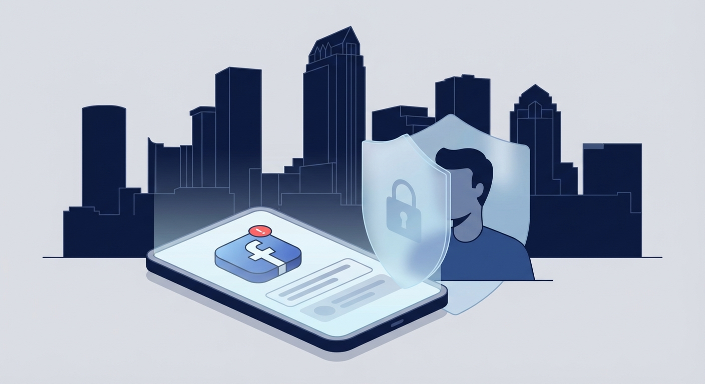 Tampa skyline with phone screen showing AWDTSG Facebook group removal concept